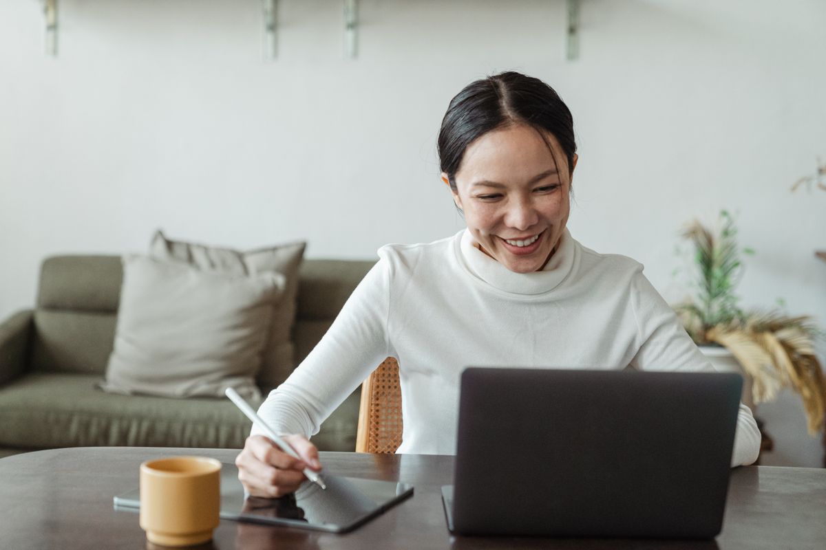 Young smiling female communicating